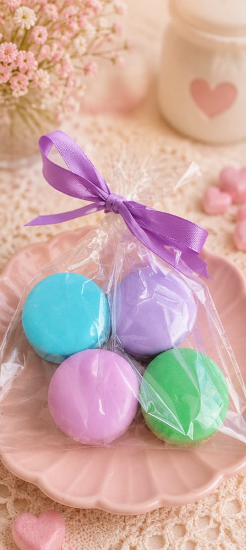 "Bolsita de jabones artesanales con forma de macarons en colores pastel, presentados en bolsa con lazo lila"