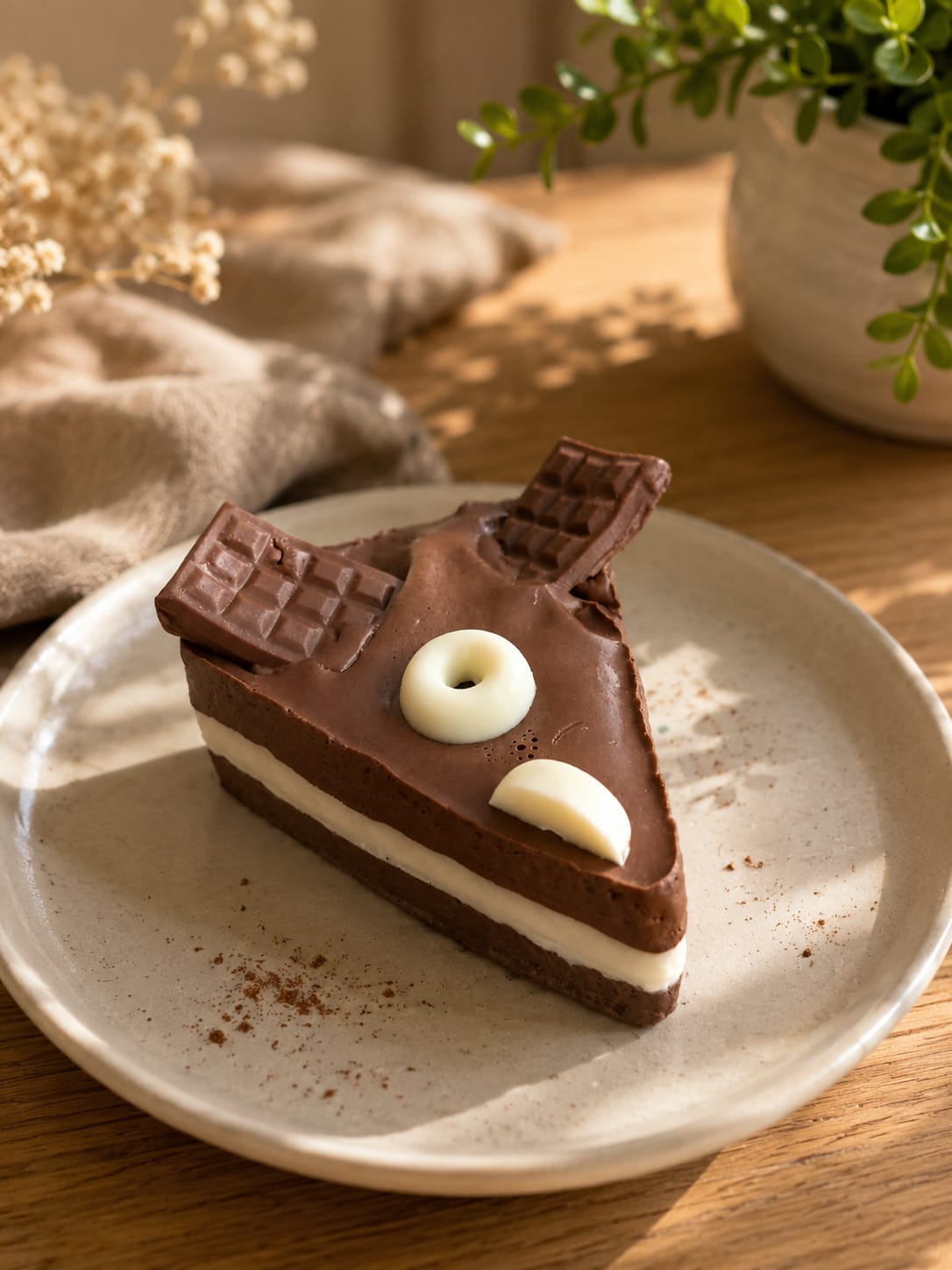 Jabón artesanal con forma de porción de tarta de chocolate con decoración divertida