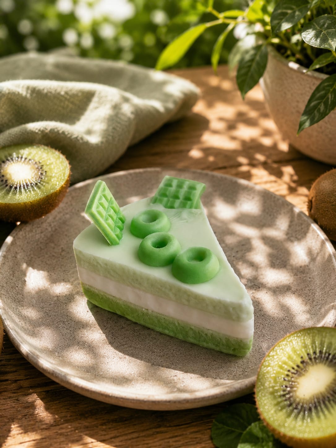 Jabón artesanal con forma de porción de tarta de kiwi, color verde