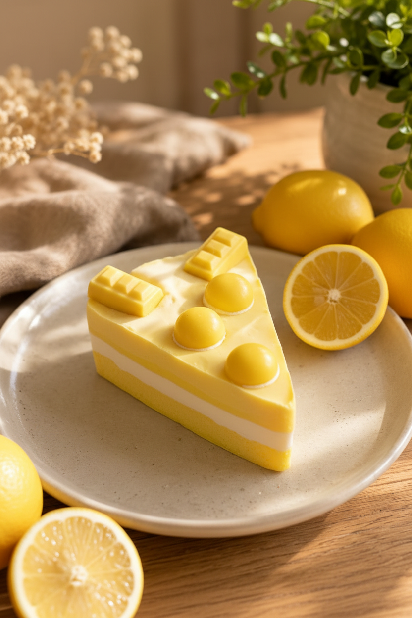 Jabón artesanal con forma de porción de tarta de limón, color amarillo