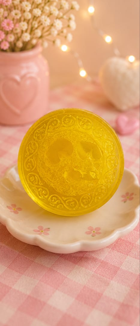Jabón artesanal con lufa natural, detalle de textura exfoliante