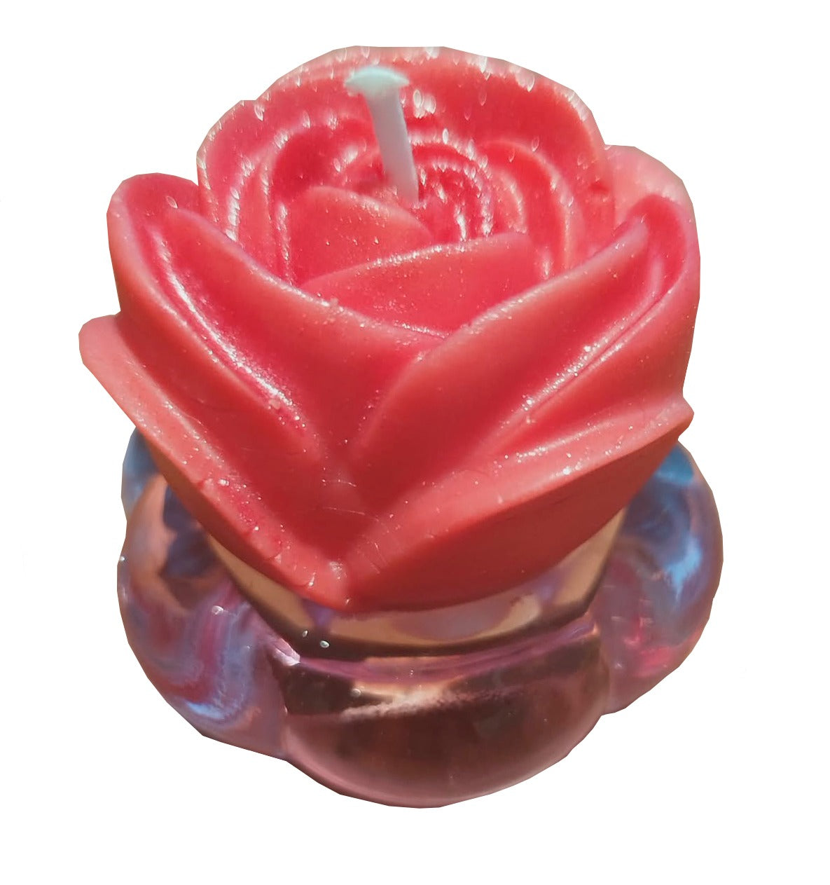 Rosa fucsia en soporte de cristal con forma de flor rosa